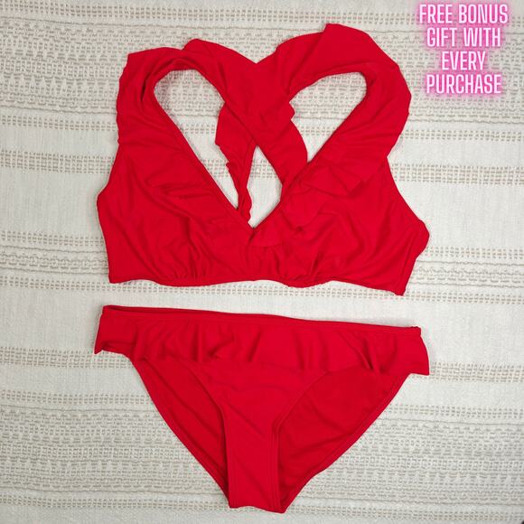 Heat Red Ruffle Bikini Set Size L NEW 2-Piece Swimsuit Swimwear - Picture 1 of 4